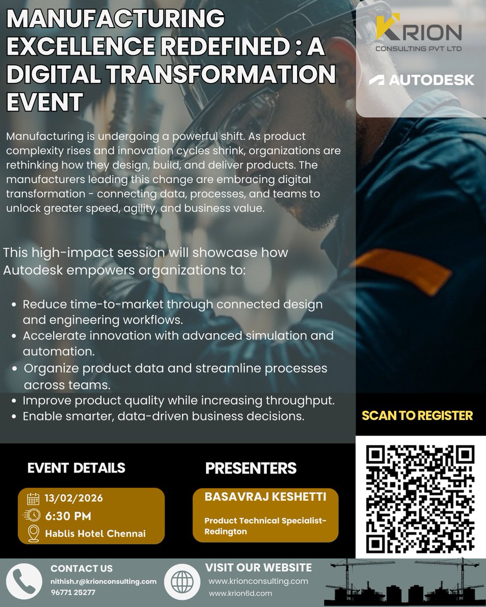 KrionConsulting's tweet photo. Manufacturing is evolving. Are you ready? ⚙️

Join our Digital Transformation Event to learn how Autodesk enables faster innovation, smarter decisions, and streamlined workflows.

📍 Chennai | 🗓️ 13 Feb 2026 | ⏰ 6:30 PM
🎤 Basavraj Keshetti – Redington https://t.co/nlJZtJkIkJ