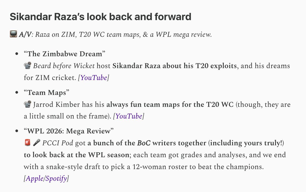 BEST #CRICKET PODS &amp; VIDEOS:

<a href="/BeardBeforeWkt/">Beard Before Wicket</a> with Raza, <a href="/ajarrodkimber/">Jarrod Kimber</a> with team maps, &amp; <a href="/PCCIpod/">PCCI Podcast</a> hosted a bunch of BoC writers (inc. <a href="/neha_shetty7/">Neha Shetty</a>/<a href="/pratIsACat/">Praatibh Surana</a>/<a href="/TweetsByShayan/">Shayan Khan</a>) to review the WPL.

All stories at bestofcricket.substack.com/p/roundup-asso…