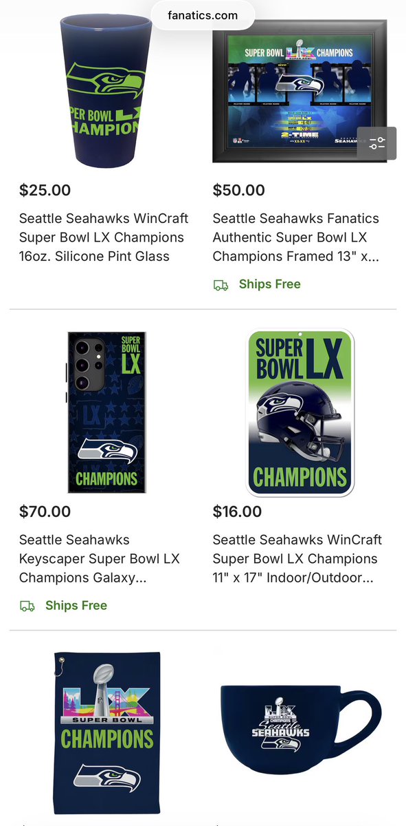 Just scrolled through the Seahawks SB merch on <a href="/Fanatics/">Fanatics</a>. 

Ngl, glad we didn’t win. Might be some of the worst, generic designed, overpriced shit I’ve ever seen. 

<a href="/End_Fanatics/">End Fanatics</a>