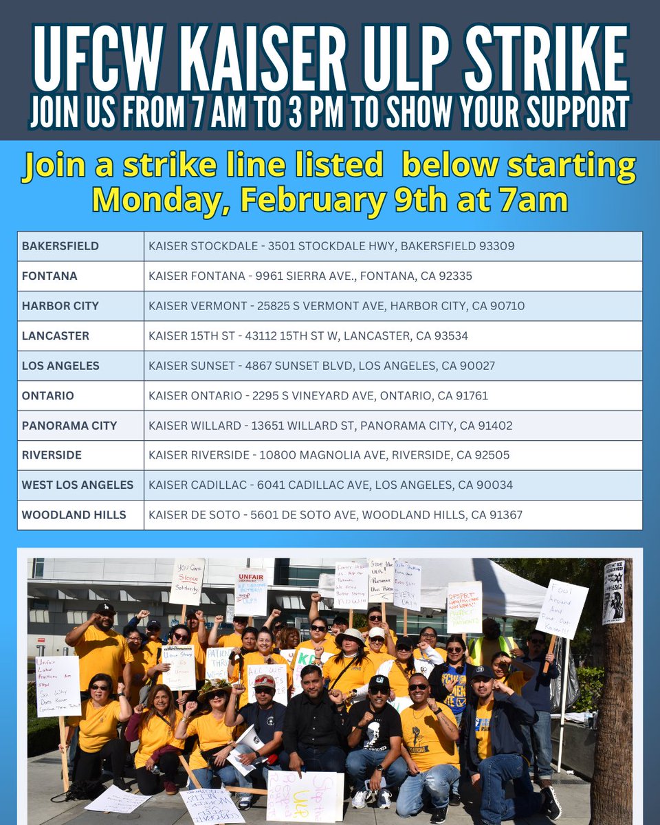 UFCW770's tweet image. 🚨 TOMORROW 7AM 🚨

Mon, Feb 9: 3,000+ UFCW pharmacy &amp;amp; lab workers across SoCal &amp;amp; Bakersfield begin a ULP strike at Kaiser.

Community support matters. Join the line and stand with healthcare workers.

More info: ufcw770.org/kpstrike

#OneAlliance #MemberPower #ULPStrike #1u