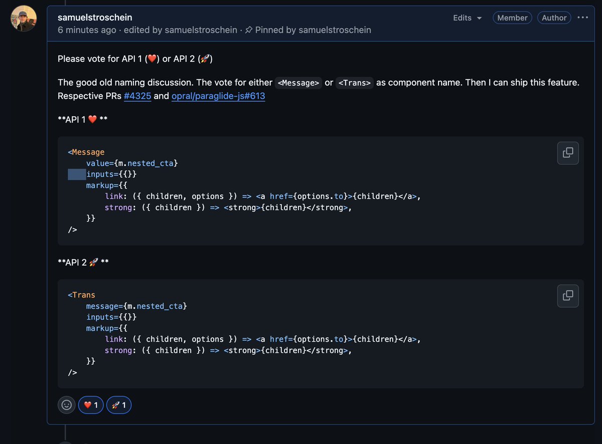 Markup in Paraglide JS is coming. Please vote for the API name 

github.com/opral/inlang/i…