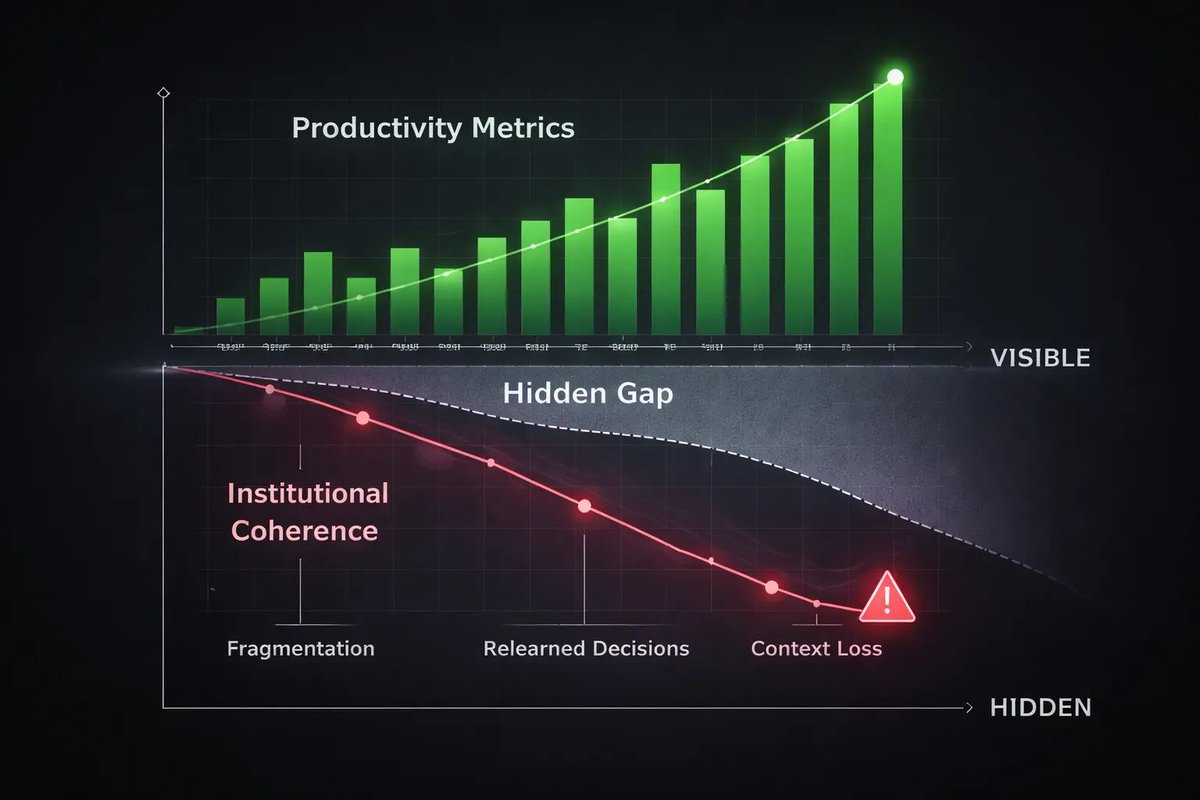 Hanu_Shashwat's tweet photo. Productivity metrics measure activity, not coherence.

Dashboards stay green while context fragments, decisions get relearned, &amp; institutional memory erodes.
The most fragile systems often look the healthiest.

Silent failure starts there.

#InstitutionalMemory #EnterpriseSystems https://t.co/AxEoAKLzkX
