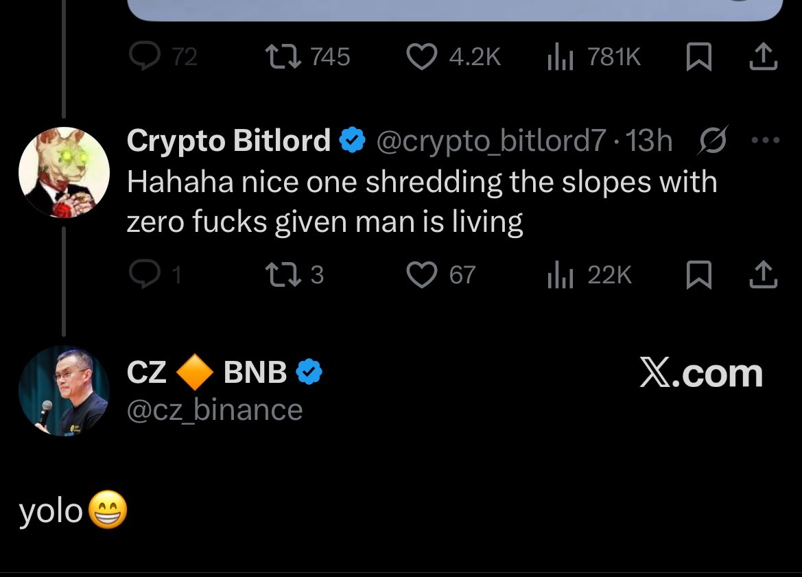 $YOLO

ca:0xa0979d4298aae1009428bd3c3db8d88506bb4444

chart: web3.okx.com/ul/6eEDbVR?ref…

nfa-YOLO is the abbreviation of You Only Live Once in English.

Encourage people to enjoy life even if they risk their lives.

JUST NOW, CZ MENTIONED YOLO.