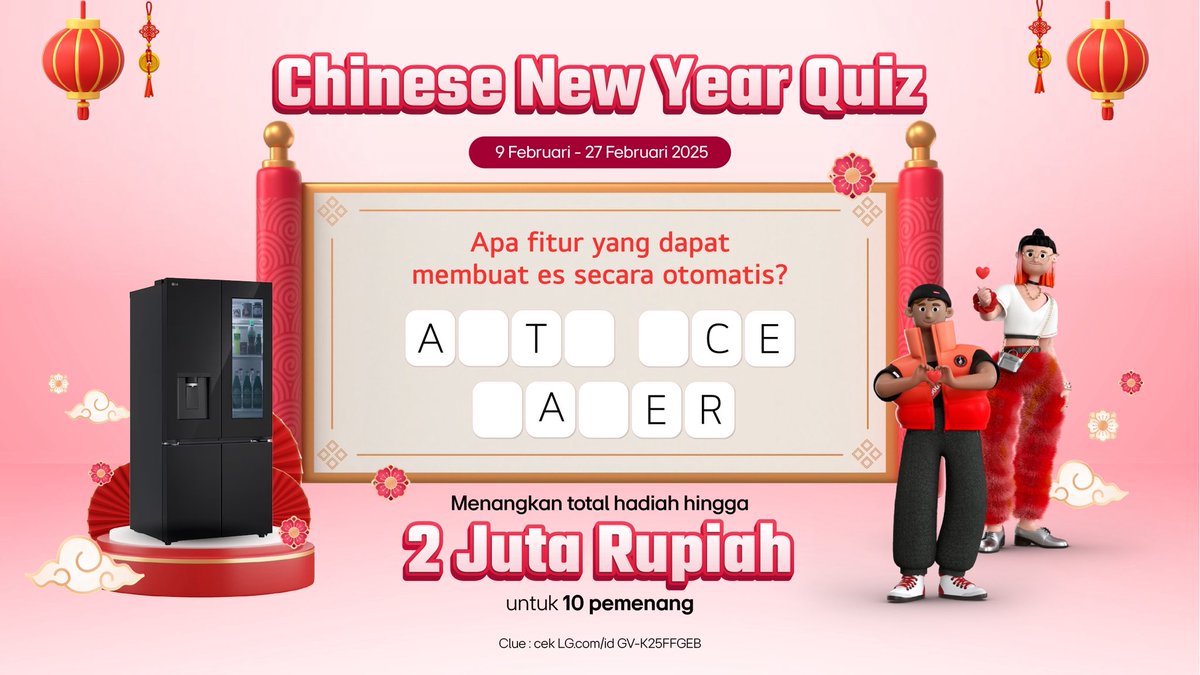 Yuk ikuti Chinese New Year Kuis
Menangkan total hadiah hingga Rp 2.000.000 untuk 10 orang pemenang.

Cara Ikutan:

1.⁠ ⁠Peserta wajib follow akun <a href="/lgeindonesia/">LG Electronics Indonesia</a>
2.⁠ ⁠Jawab pertanyaan dengan benar dengan reply post ini
3.⁠ ⁠Peserta wajib like postingan ini dan tag 3 teman.