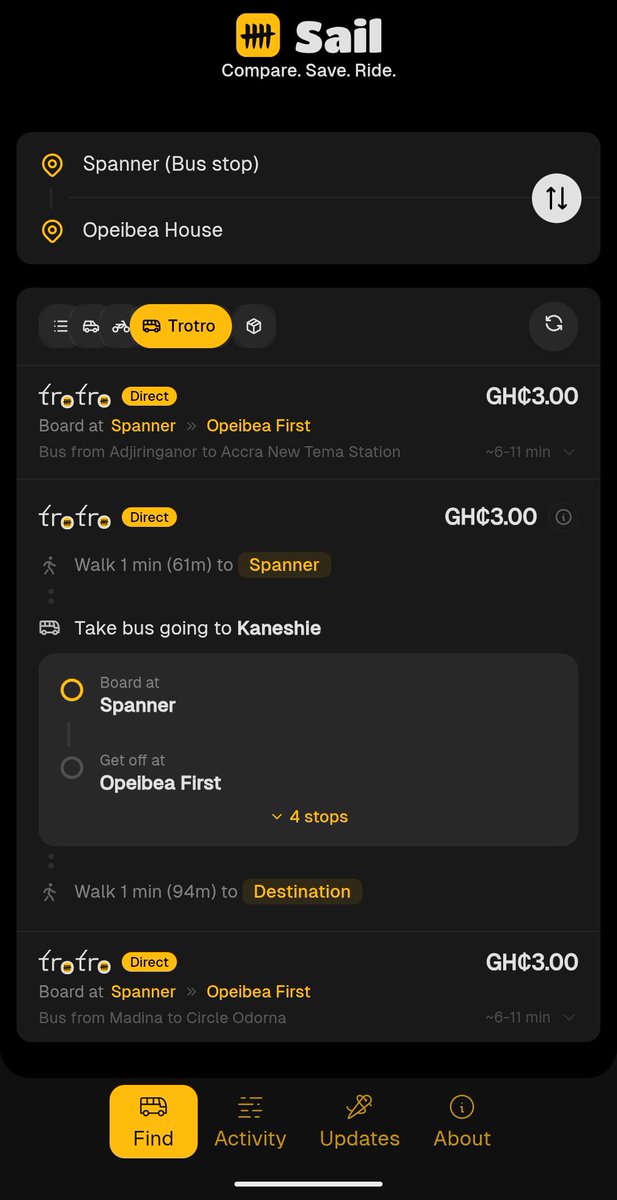 after release of improved trotro routes and pricing on <a href="/sailrides/">Sail</a>, noticed from feedback the trotro results felt a bit crowded/hard to take in/confusing for some users, worked with <a href="/Edudzi6/">Edudzi🚀</a> over the past months iterating to fix this, mini update landed, includes ETA👀