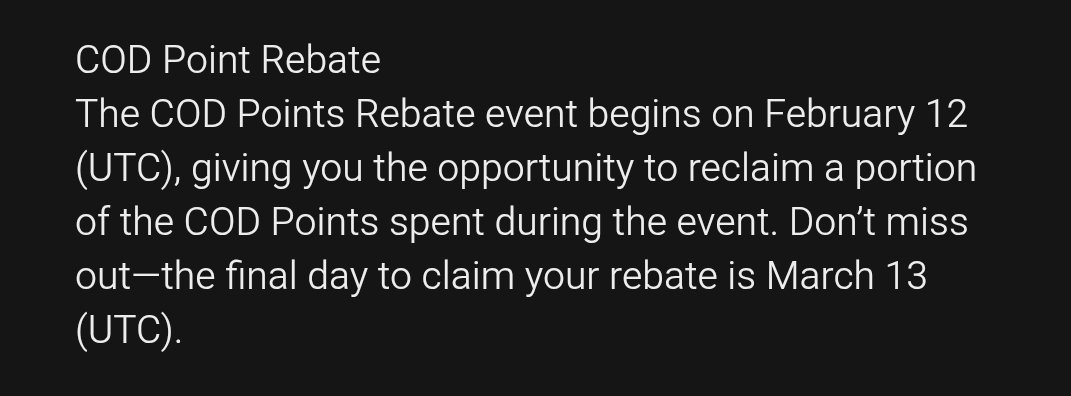 LeakersOnDuty's tweet image. COD Points Rebate will be available on 12 February till 13 March

#CODMobile #callofdutymobile #codm #codmnews #codmleaks