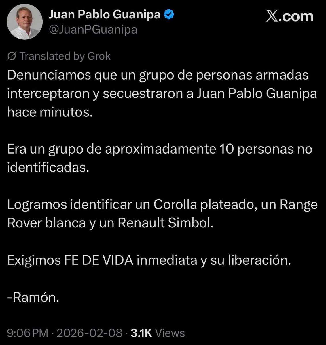 Exigimos su liberación inmediata. Fe de vida de Juan Pablo Guanipa