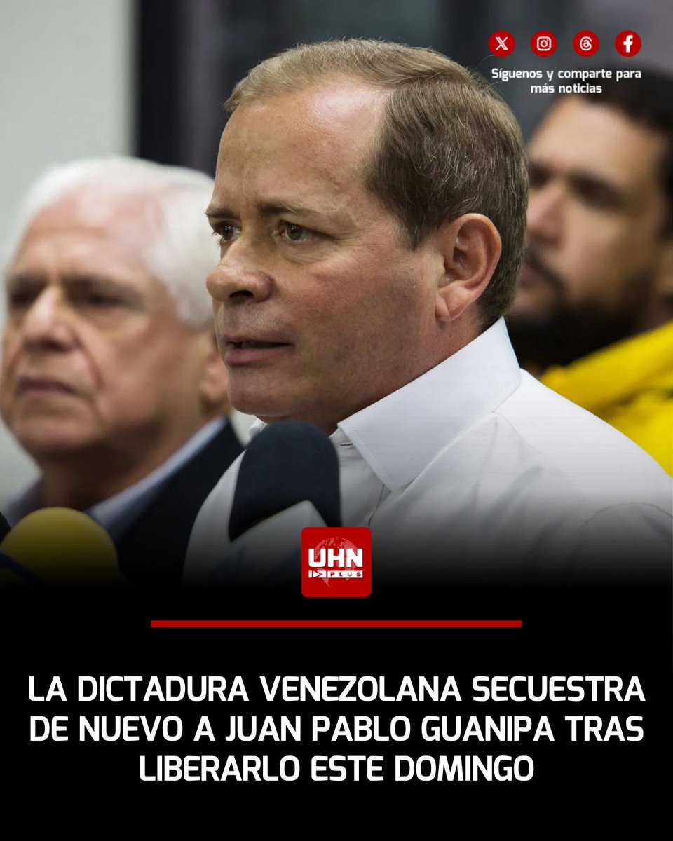 🇻🇪‼️ | ÚLTIMA HORA — Juan Pablo Guanipa fue secuestrado nuevamente este lunes por la dictadura venezolana, apenas horas después de haber sido liberado el domingo, según denunció su familia. De acuerdo con la información difundida, un grupo armado de unas diez personas no
