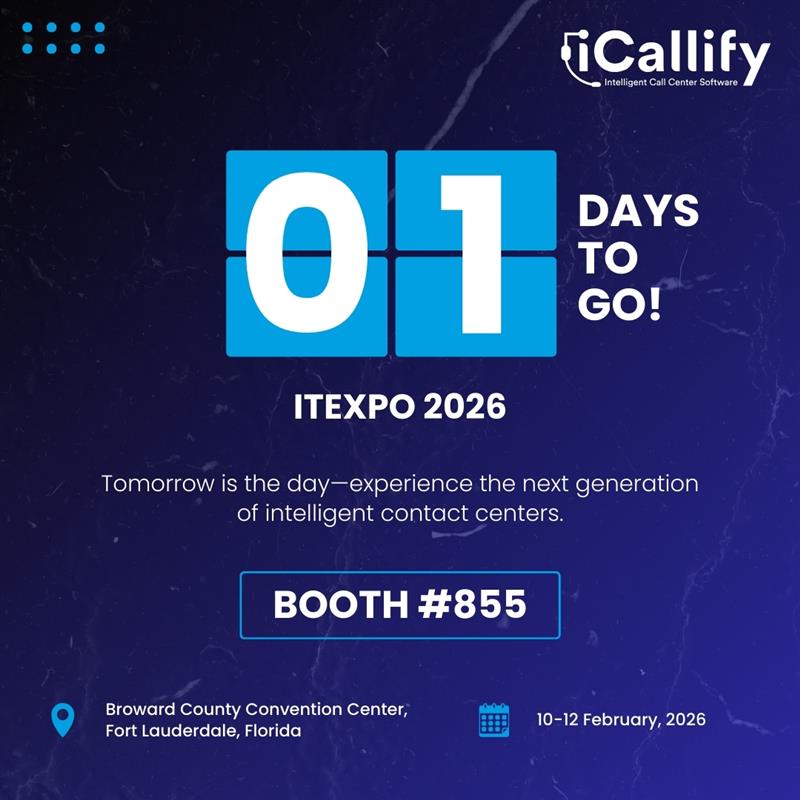 1 DAY TO GO! 🏁🔥
Excitement is building as #ITEXPO2026 approaches! 🚀
Meet the #iCallify team at Booth #855 for exclusive demos 🎯 and a first look at what’s coming in 2026.📍 Fort Lauderdale, FL 🌴
#TechSuperShow #TechCountdown ⏳ #ContactCenter #CCaaS #UnifiedCommunications