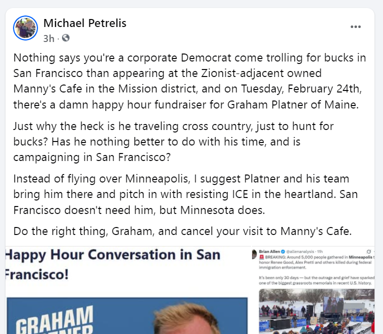 MichaelPetrelis's tweet photo. #SanFrancisco #gay activist to @grahamformaine: Cancel $-raiser @ #zionist-adjacent cafe. Go to #Minneapolis &amp; #ResistICE!

@WGME @newscentermaine @WMTWTV @WABI_TV5 @andrewperezdc @TheMaineWonk @dustingardiner @cmarinucci @mebeacon @SpecNewsMaine @FoxABCMaine @TheMaineWire @sfist https://t.co/3kqOjDYAAP