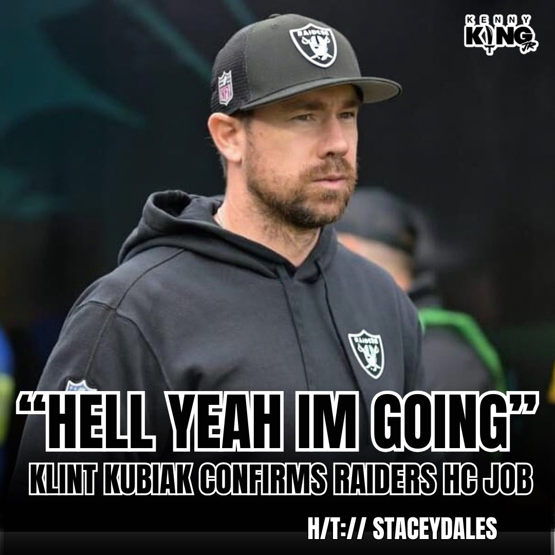 KennyKing_Jr's tweet photo. Hell yeah, I’m going to Las Vegas Klint Kubiak just straight up confirmed on camera with Stacey Dales that he’s gonna be the next head coach of the Las Vegas Raiders https://t.co/eqlxtL6I8D
