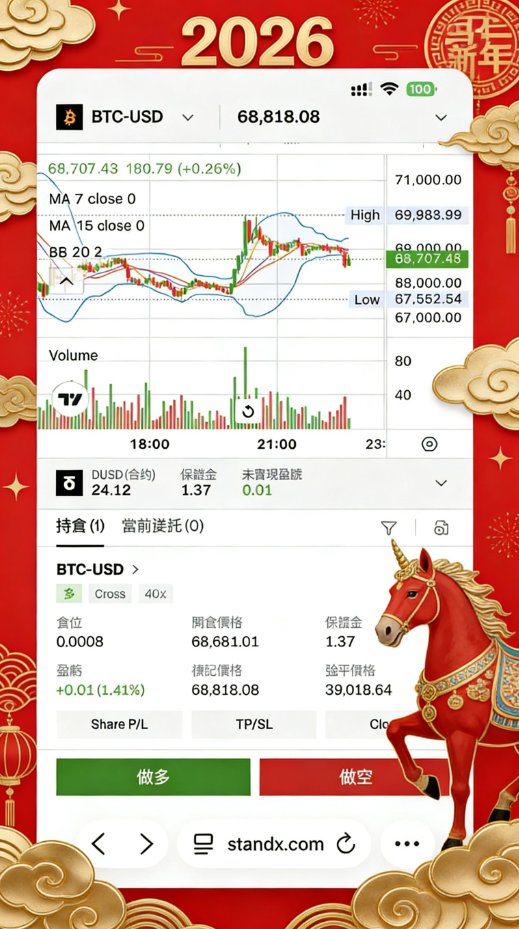 StandX移动版上线了
可以随时随地畅享丝滑交易
祝大家2026策马扬鞭再奋蹄，一马当先创佳绩！
#standx <a href="/StandX_Official/">StandX</a>