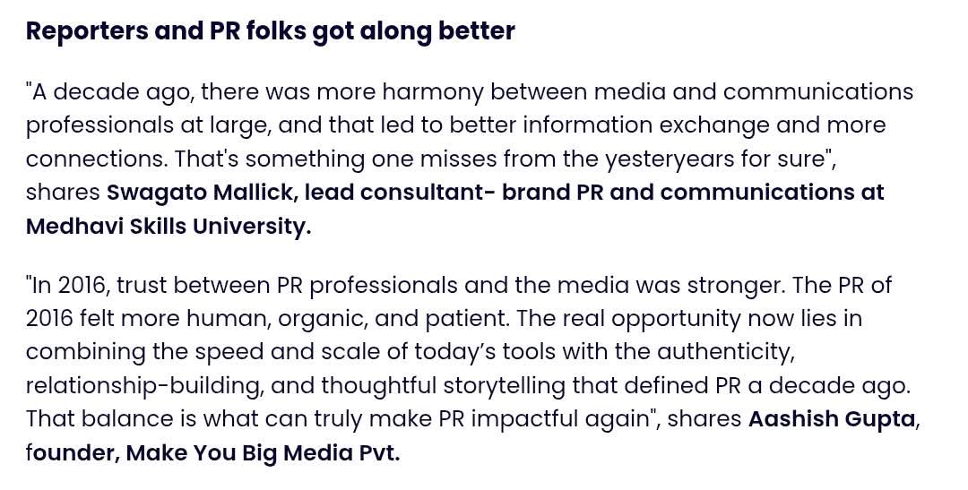Grateful to PRmoment India for spotlighting a decade-long journey of Public Relations (2016–2026)—a period that fundamentally reshaped how stories are told, trust is built, and reputations are sustained in an always-on world

 prmoment.in/pr-insight/pr-…