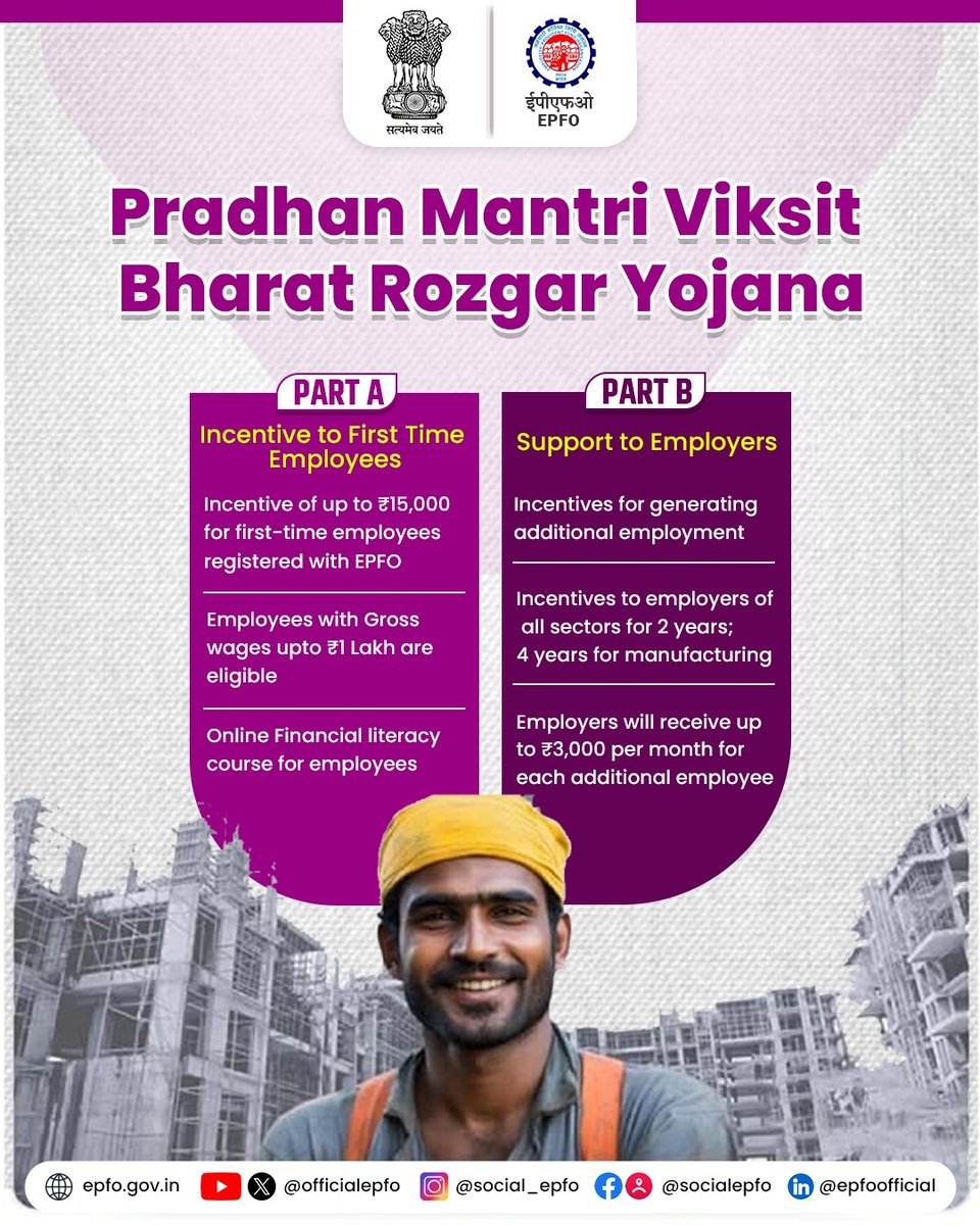 officialepfo's tweet photo. Pradhan Mantri Viksit Bharat Rozgar Yojana is designed to incentivize first-time employees and support employers!  

For more information- https://t.co/3ahfCfZpGG 

#PradhanMantriViksitBharatRozgarYojana #EPFO #HumHainNa #EPFOWithYou #ईपीएफओ
@narendramodi @mansukhmandviya @ShobhaBJP @LabourMinistry @PMOIndia @PIB_India @mygovindia