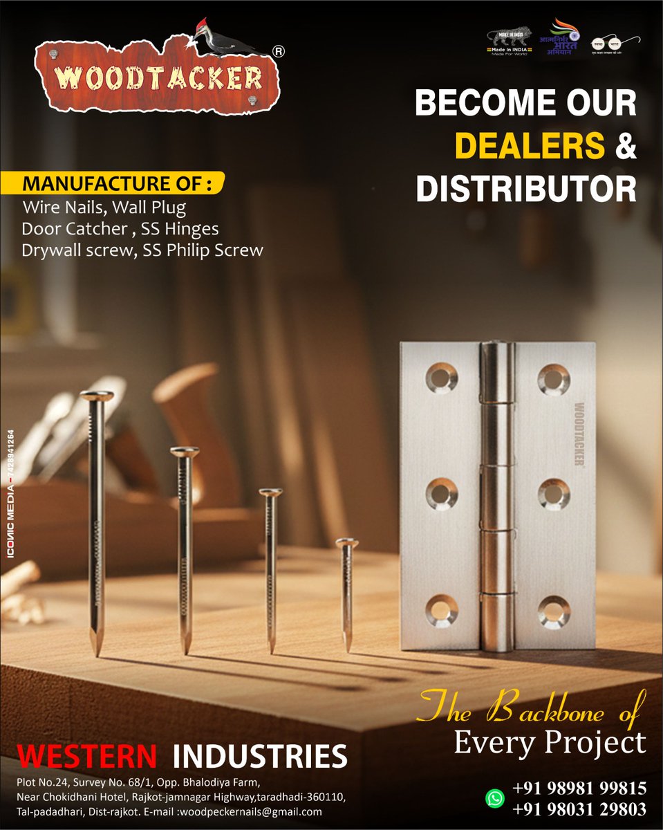 For inquiry via WhatsApp click: V-O-H.short.gy/91-9898199815

WESTERN INDUSTRIES (TARADHADI)
Cont:-9898199815,9803129803

Gmail:-woodpeckernails@gmail.com
Dealers &amp; Distributors Enquiries Solicited