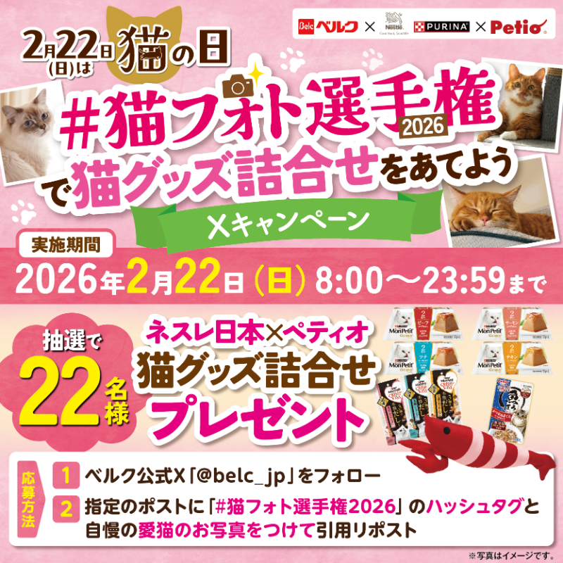 belc_jp's tweet photo. PR
【本日(2/22)23時59分まで】
本アカウント(@belc_jp)をフォローのうえ、本投稿に 「猫フォト選手権2026」 のハッシュタグとともに愛��の写真画像を引用リポストした方の中から抽選で22名様に「ネスレ日本×ペティオ猫グッズ詰合せ」をプレゼント。