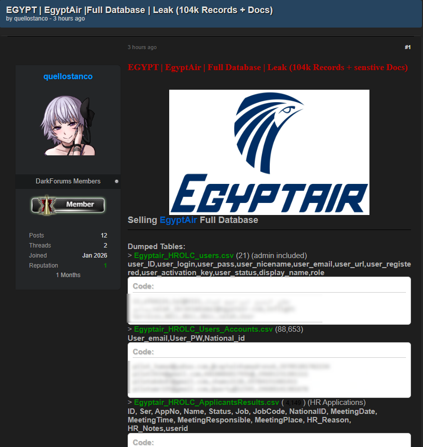 H4ckmanac's tweet photo. 🚨Cyberattack Alert ‼️

🇪🇬Egypt - EgyptAir

Threat actor “quellostanco” claimed to be selling a full database allegedly stolen from EgyptAir, advertising it on a cybercrime forum. 

The dataset reportedly includes about 104,000 records from HR and recruitment systems, with employee and applicant data, user and admin accounts with cleartext passwords, national ID numbers, and personal details, as well as documents from staff email inboxes.

Sector: Transportation
Threat class: Cybercrime
Observed: Feb 9, 2026
Status: Pending verification

—
About this post:
Hackmanac provides early warning and cyber situational awareness through its social channels. This alert is based on publicly available information that our analysts retrieved from clear and dark web sources. No confidential or proprietary data was downloaded, copied, or redistributed, and sensitive details were redacted from the attached screenshot(s).

For more details about this incident, our ESIX impact score, and additional context, visit https://t.co/eB7qgxKFAa.