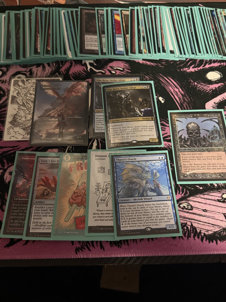 jordan_cop21410's tweet photo. Placed 7th in a win a dual land tournament on Saturday 
Deck felt really good just need to focus in on the turbo hands 
Sleeves are @FCBCArmor 
Playmat is from @Goldsabertooth 
#cedh #mtg #grixis #turbo https://t.co/BSHIW2hWgs