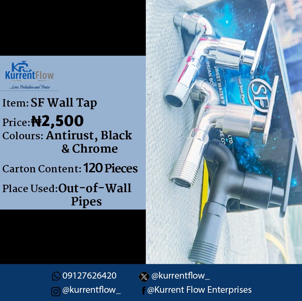 Leaky wall tap giving you headache? SF Wall Tap says NO. Sleek chrome/black/antirust, tough build, only ₦2,500. Flow better, stress less. <a href="/Kurrentflow_/">𝐊𝐮𝐫𝐫𝐞𝐧𝐭 𝐅𝐥𝐨𝐰 𝐄𝐧𝐭𝐞𝐫𝐩𝐫𝐢𝐬𝐞𝐬</a> 09127626420