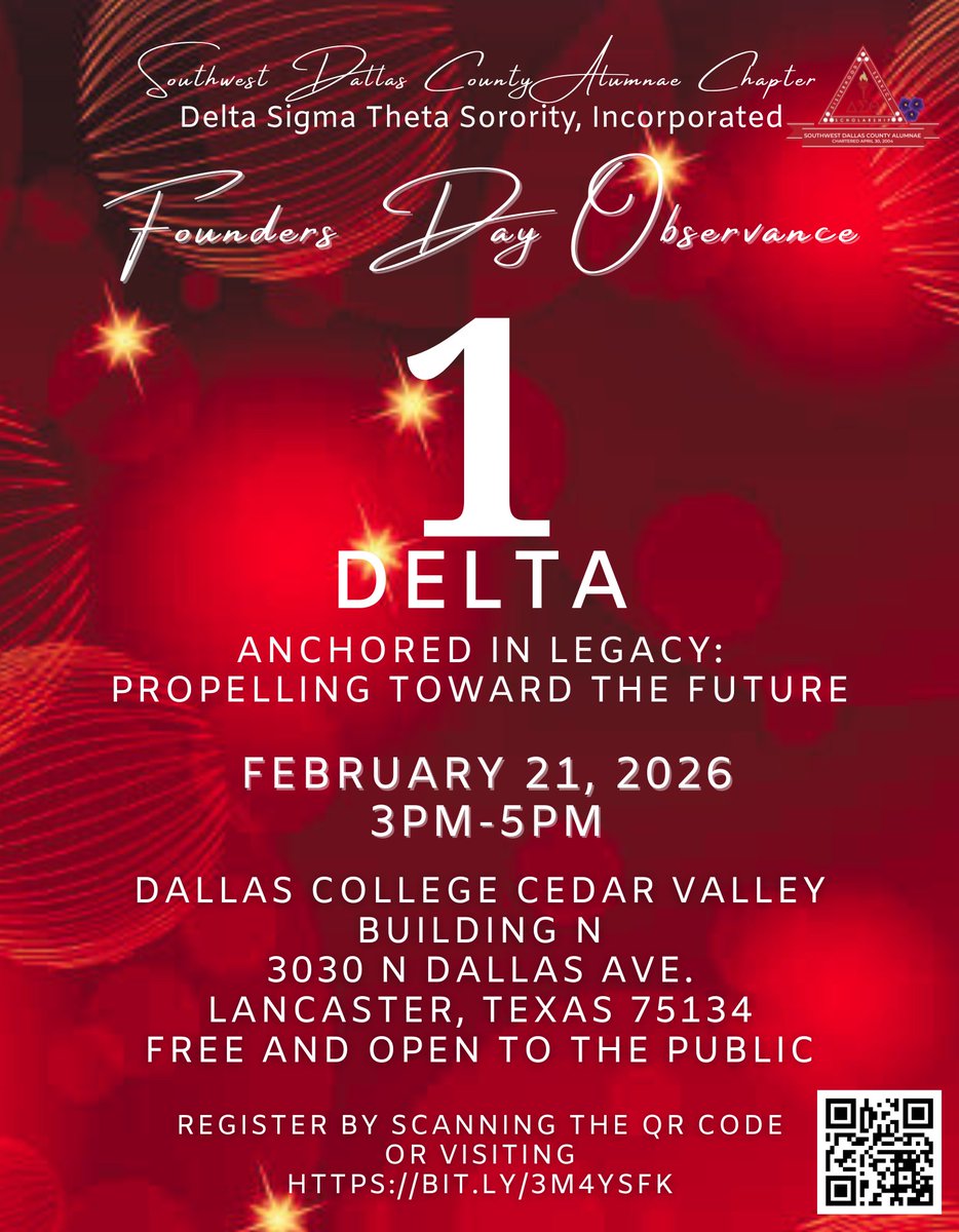 SWDCA Founders Day Observance 2026

Join SWDCA of DST as we honor our 22 Founders and celebrate our 25 &amp; 50 year Sorors in the spirit of One Delta. 

Feb 21st from 3  to 5 PM. 

Dallas College Cedar Valley Building N. 

Free public event

Register: bit.ly/3M4YSfK