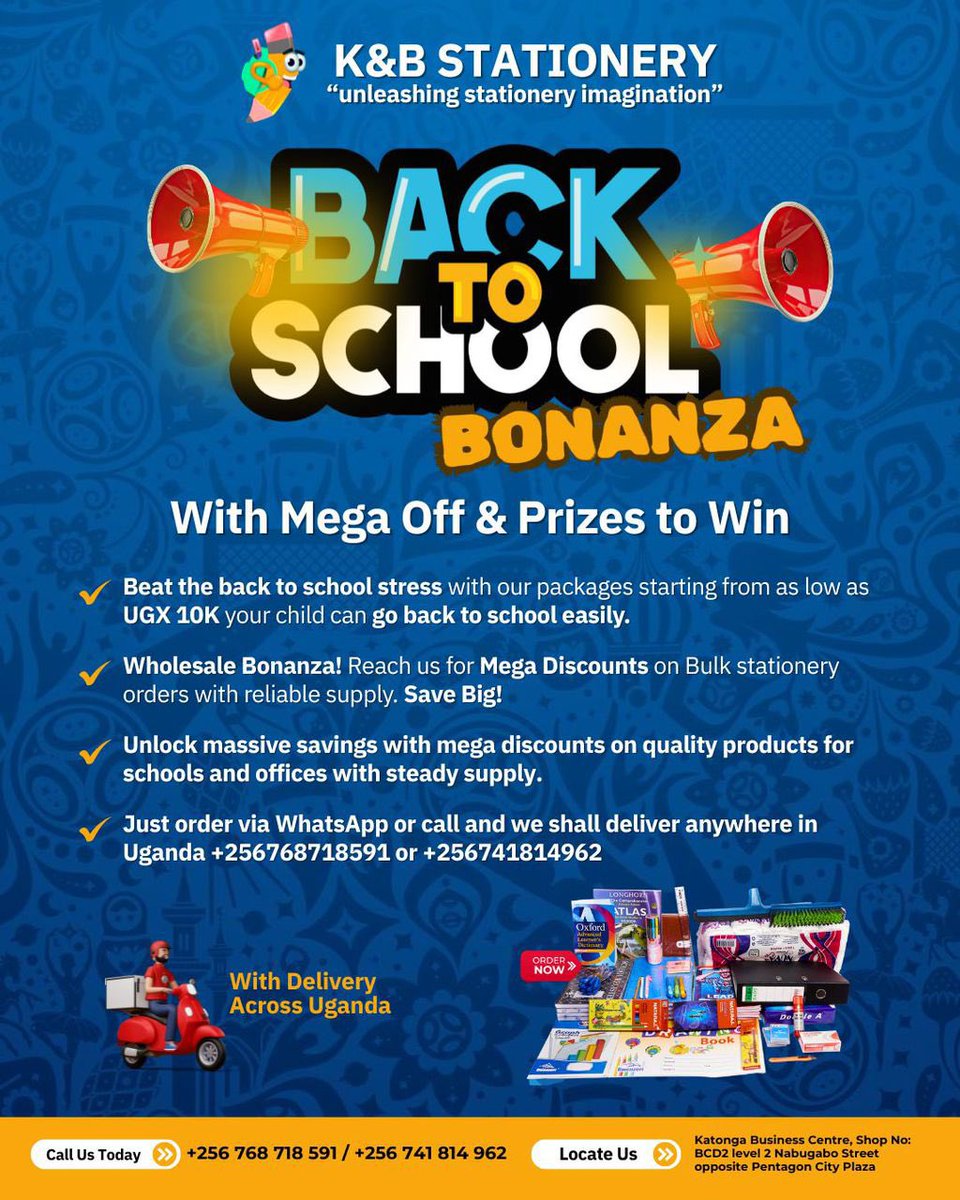 Need school materials for your child? 

Contact 0768718591 or 0741814962 for delivery anywhere across Uganda from <a href="/kbstationer/">k&B stationery</a> 

☎️ #Back2School