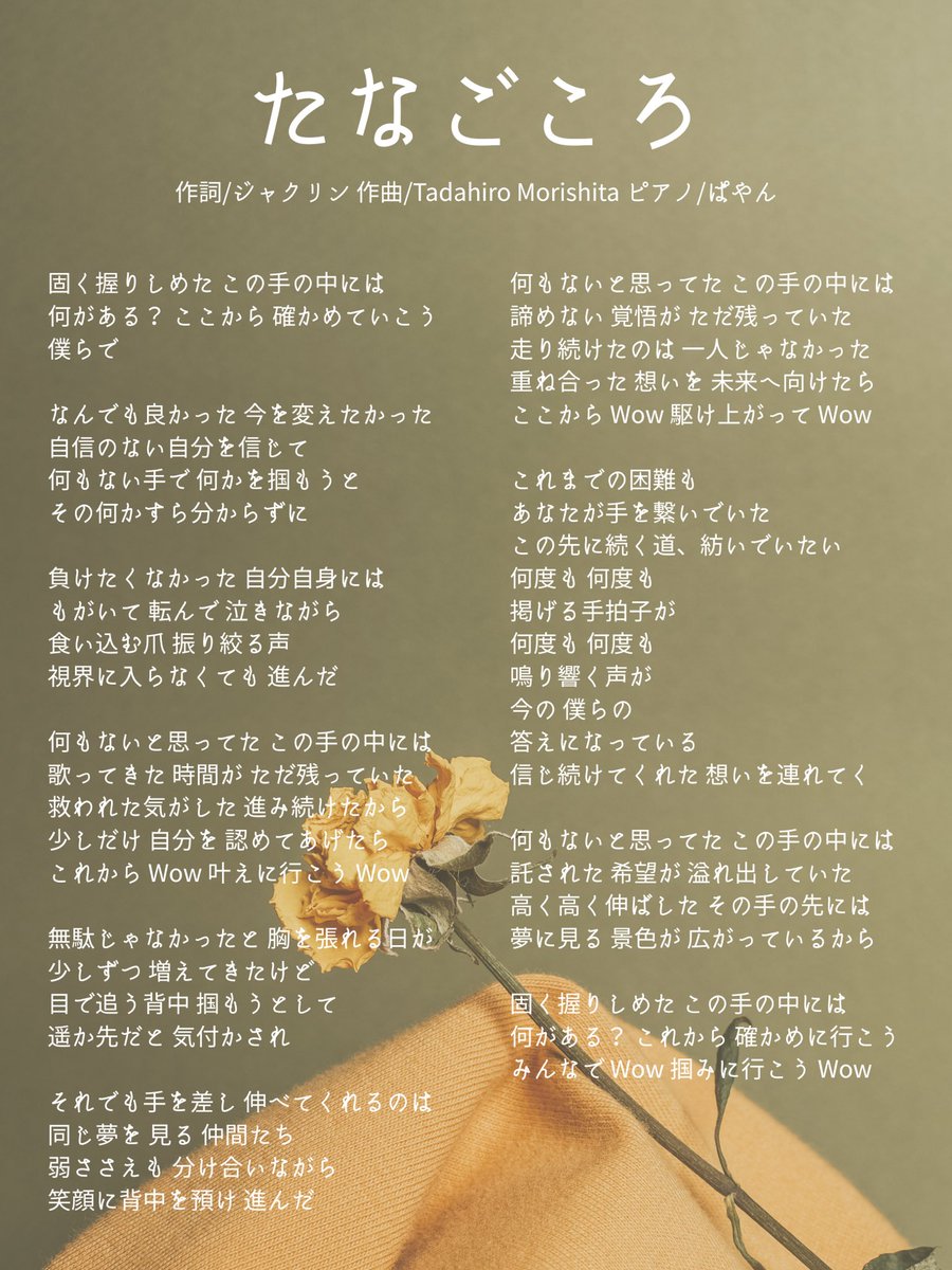 【本日、新曲披露。Lyric公開】

『たなごころ』

作詞 ジャクリン
作曲 Tadahiro Morishita
<a href="/TadMor_finmusic/">Tadahiro Morishita</a> 
ピアノ ぱやん
<a href="/paynpayn0404/">ぱやん</a>