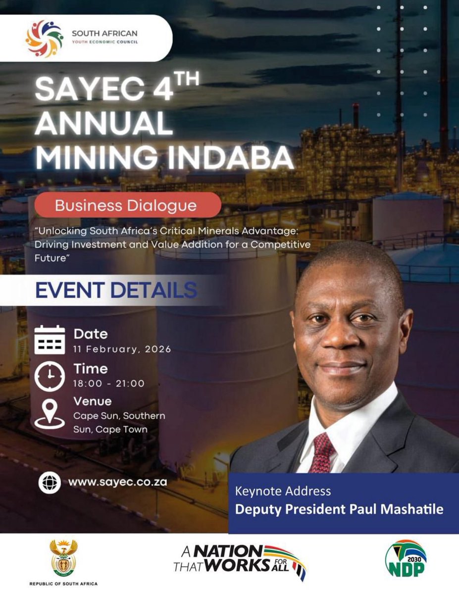 PMashatile's tweet image. On Wednesday, I will attend and deliver a keynote address at the SAYEC 4th Annual Mining Indaba Business Dialogue under the theme: “Unlocking South Africa’s Critical Minerals Advantage: Driving Investment and Value Addition for a Competitive Future”.

#MiningIndaba
#PaulMashatile