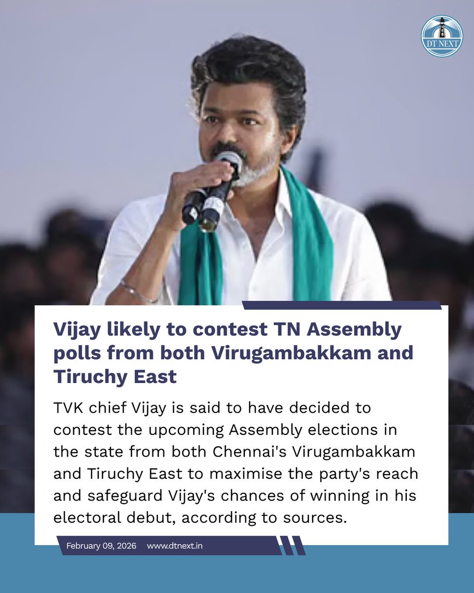 dt_next's tweet photo. #TVK chief #Vijay is said to have decided to contest the upcoming #Assembly elections in the state from both #Virugambakkam and #Tiruchy East to maximise the party's reach and safeguard Vijay's chances of winning in his electoral debut. 

🖊️ @nanasaiin 
https://t.co/svwwts8U2D https://t.co/Gnv494yRJX