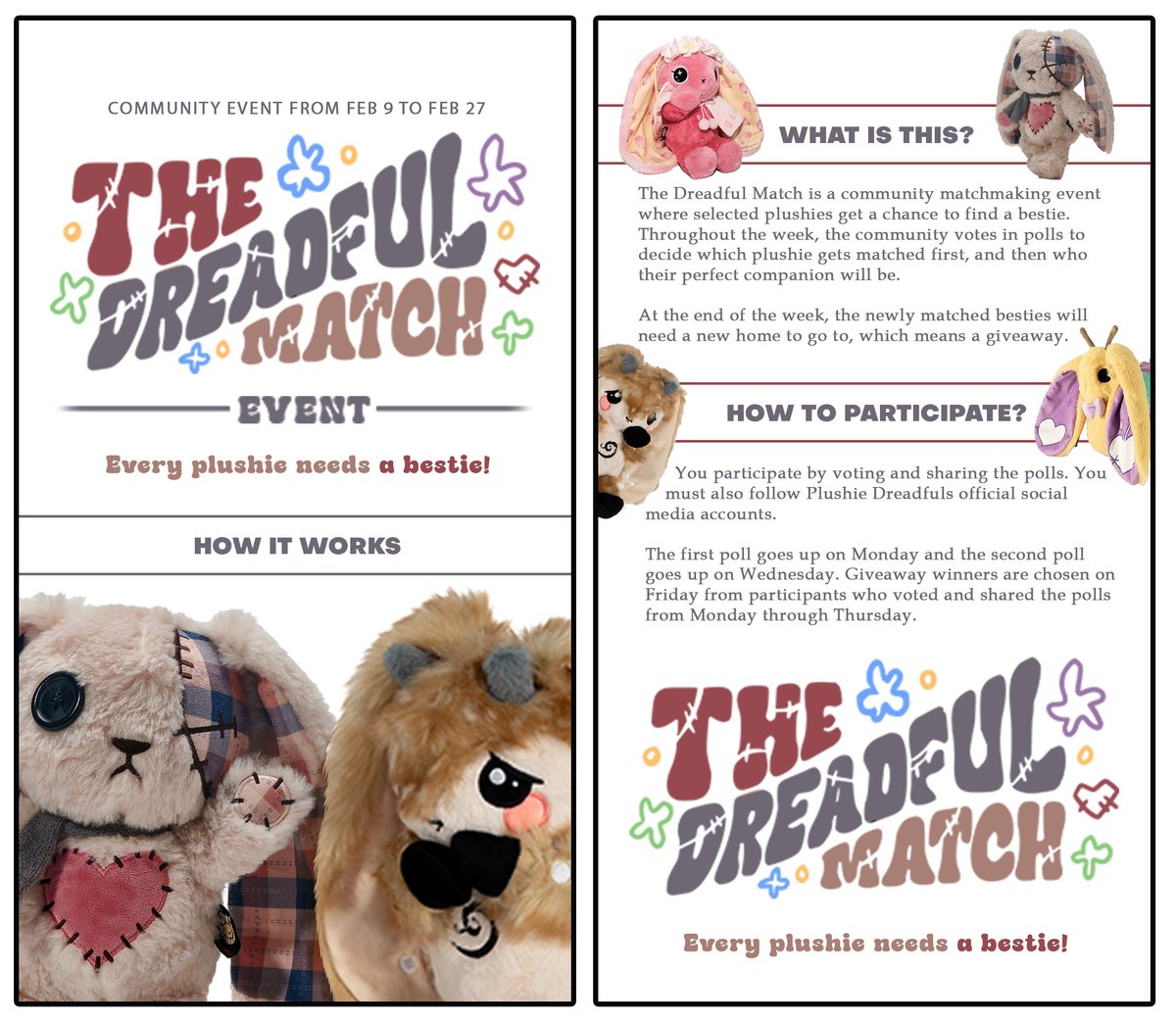 PlushieDreadful's tweet photo. ⭐️ The Dreadful Match ⭐️
Community Event from Feb 9 to Feb 27

To participate just vote on the polls and share them! Make sure you're following @PlushieDreadful to be eligible for Friday giveaways.

Want more info? Here you go ⬇️

Happy matchmaking, besties! ❤️ https://t.co/nKUMKrGfSO