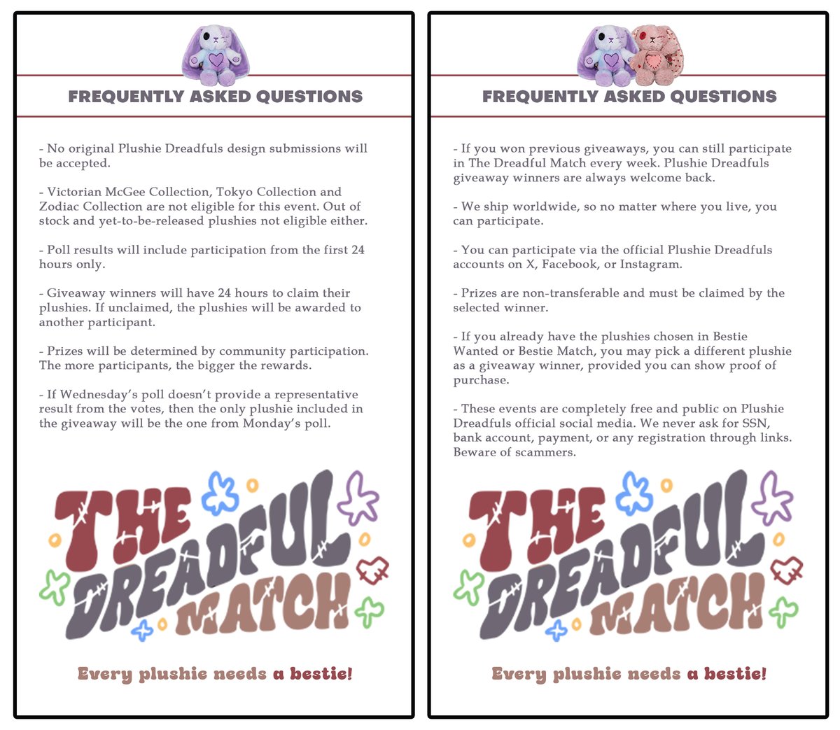 PlushieDreadful's tweet photo. ⭐️ The Dreadful Match ⭐️
Community Event from Feb 9 to Feb 27

To participate just vote on the polls and share them! Make sure you're following @PlushieDreadful to be eligible for Friday giveaways.

Want more info? Here you go ⬇️

Happy matchmaking, besties! ❤️ https://t.co/nKUMKrGfSO