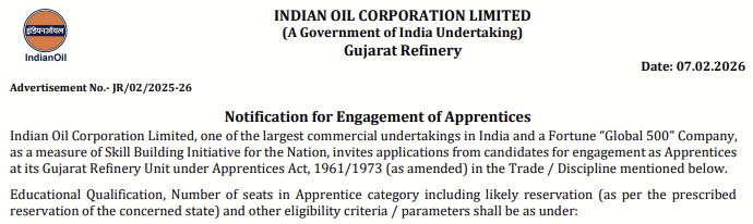 indiangovtjobs's tweet image. ✅ IOCL Gujarat Refinery Apprentice Recruitment 2026 Apply Online [566 Vacancies] | Last Date: 20/02/2026

🔗 indgovtjobs.in/2026/02/iocl-g…

#IOCL #apprentice