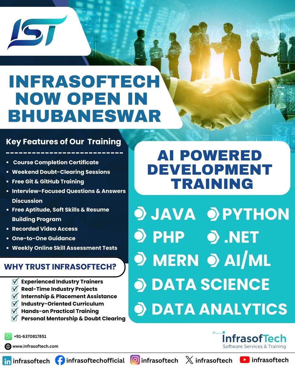 infrasoftech's tweet photo. InfrasofTech is now open in Bhubaneswar!
AI Powered Development Training with real-time projects, industry trainers, and placement support.
📞 +91-6370817851 | 🌐 https://t.co/3tPsZOsGVX
#InfrasofTech #FullStackTraining #AITraining #Java #Python #MERN #DataScience #ITTraining https://t.co/znFTUXWN3c