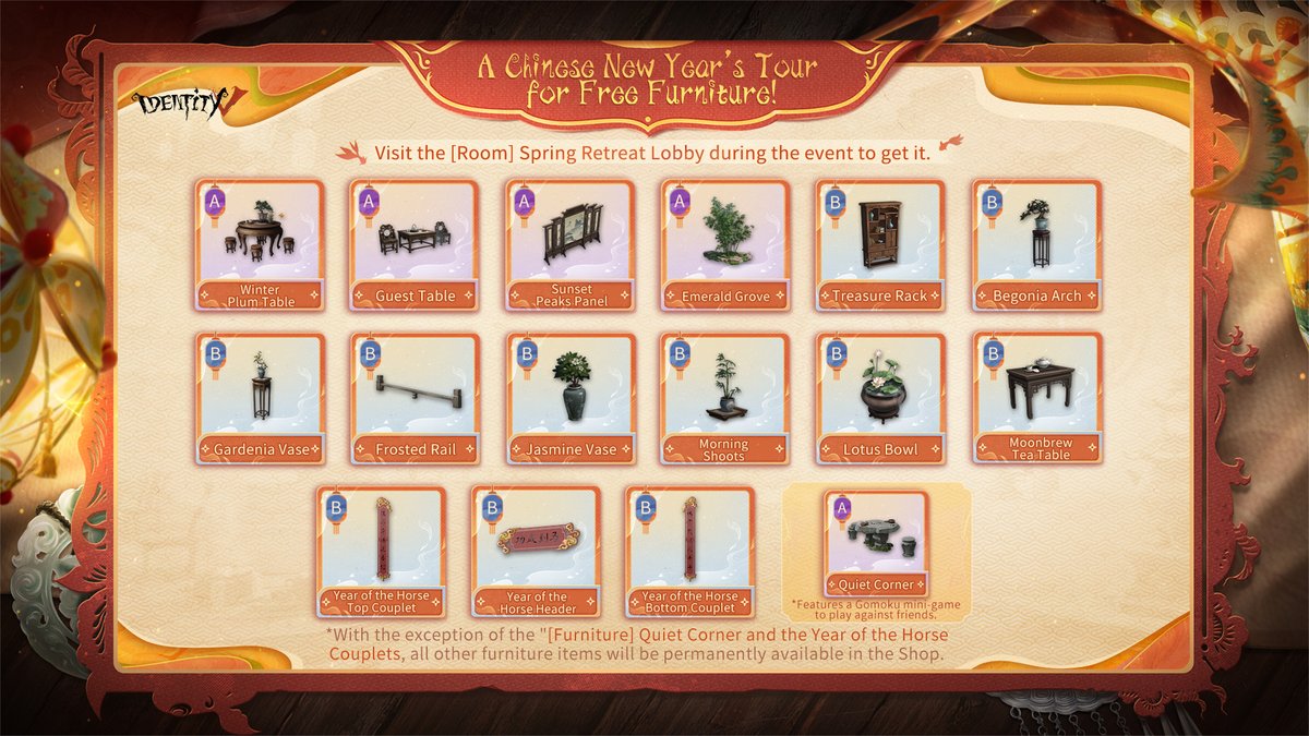 YSnoaxx's tweet photo. Get ready! Our new S Room, Spring Retreat, arrives February 12th! Purchase the room and receive a bonus furniture set. Plus, discover many new limited-time and permanent furniture items in the Shop. Don't miss out! #IdentityV #SpringRetreat https://t.co/DjLogxUBTd