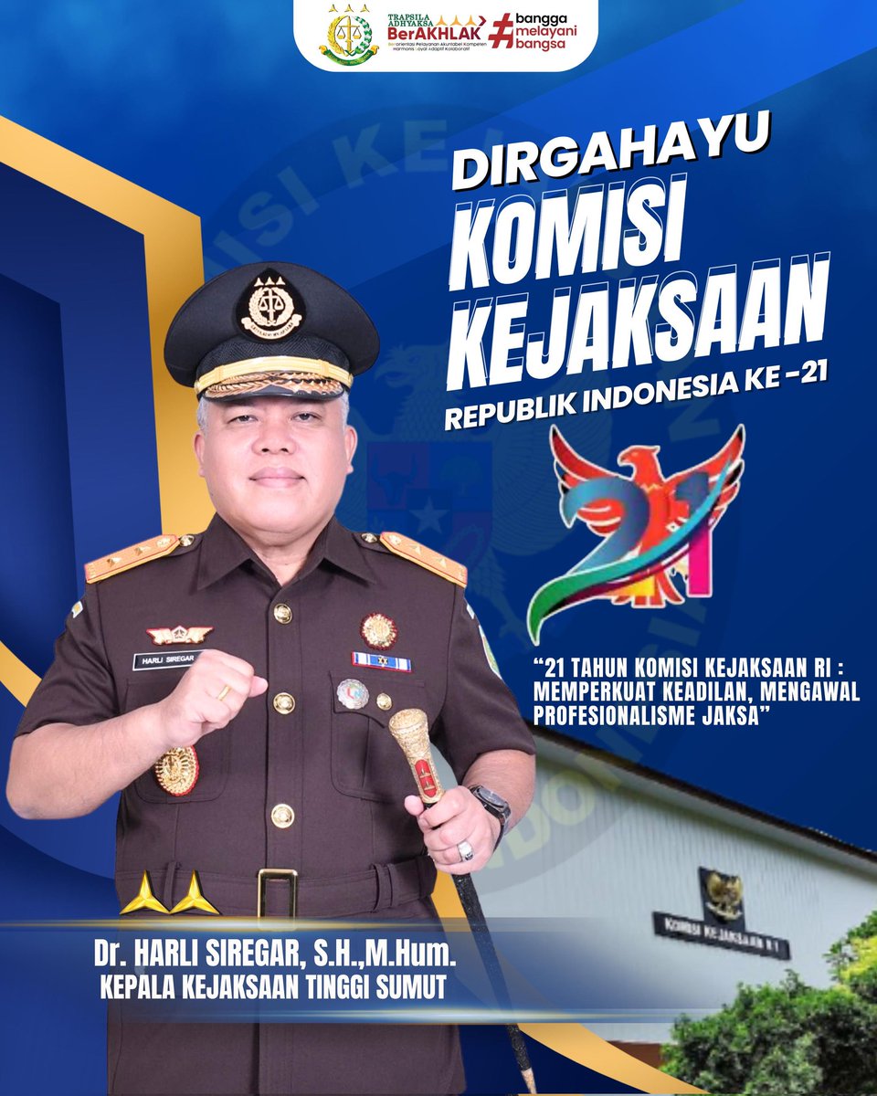 Kepala Kejaksaan Tinggi Sumatera Utara Dr. Harli Siregar, S.H., M.Hum, beserta seluruh Jajaran mengucapkan:

Dirgahayu Komisi Kejaksaan Republik Indonesia "21 Tahun komisi Kejaksaan RI : Memperkuat Keadilan, Mengawal Profesionalisme Jaksa.