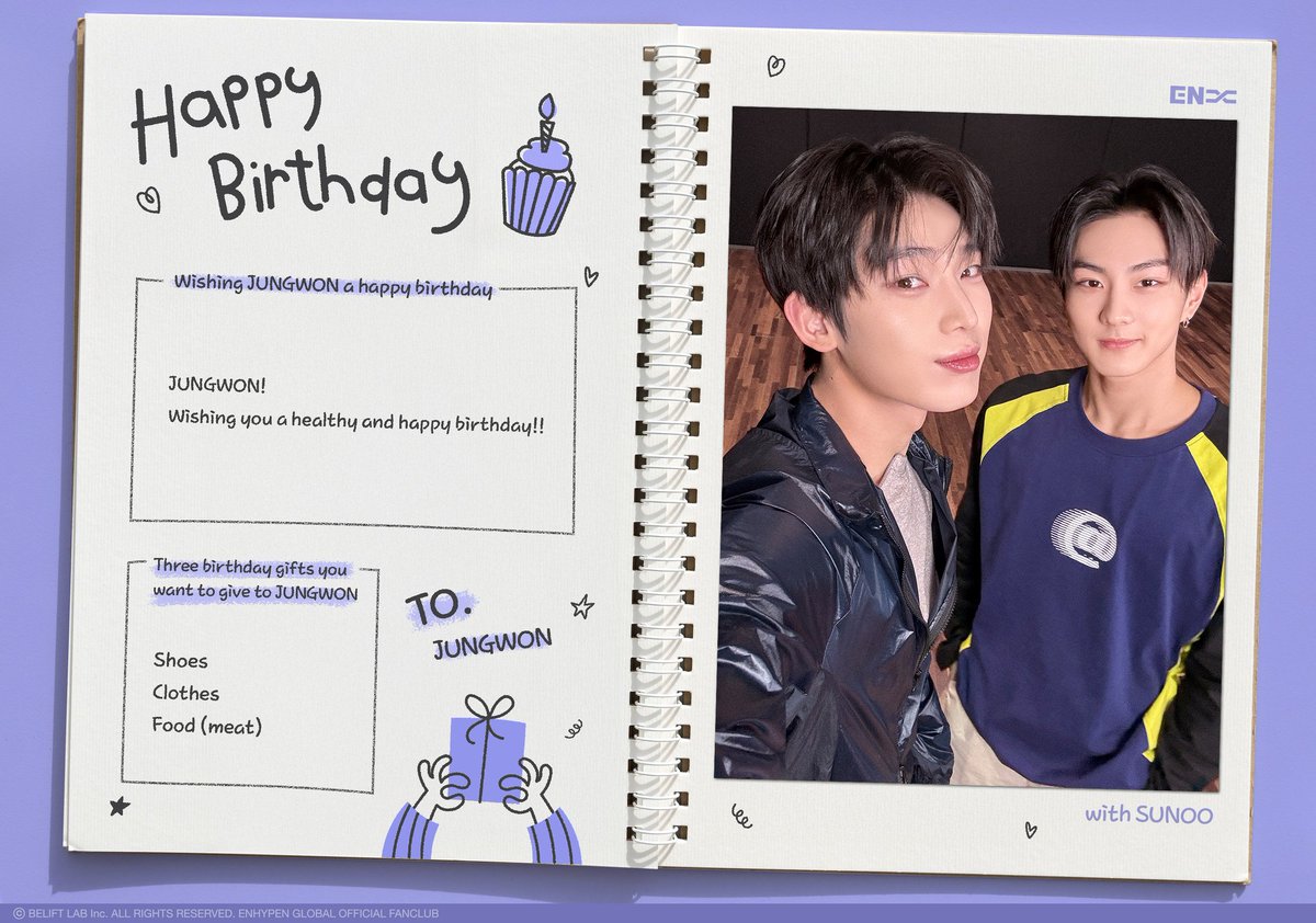 Three birthday gifts you want to give to Jungwon

1. Shoes
2. Clothes
3. Food (meat)

#SUNOO #JUNGWON