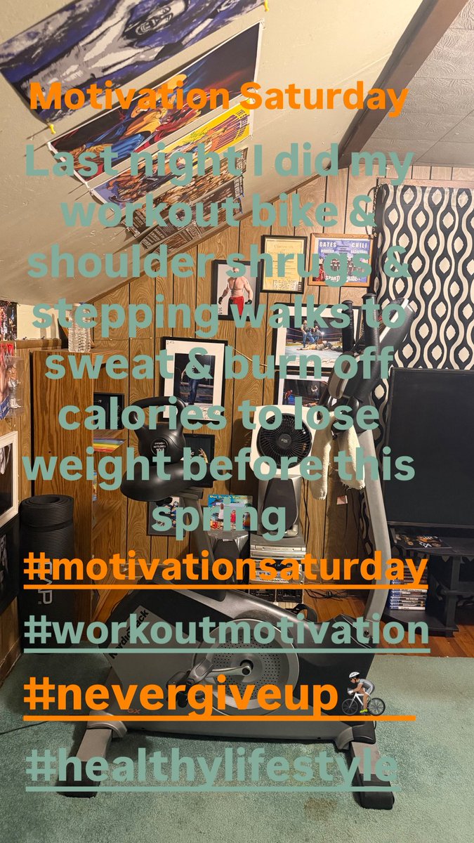 Motivation Saturday workout this past weekend was the bike &amp; shoulder shrugs &amp; stepping walks to sweat &amp; burn off calories to lose weight before this spring. #motivationsaturday #workoutmotivation #nevergiveup🚴🏽 #healthylifestyle.