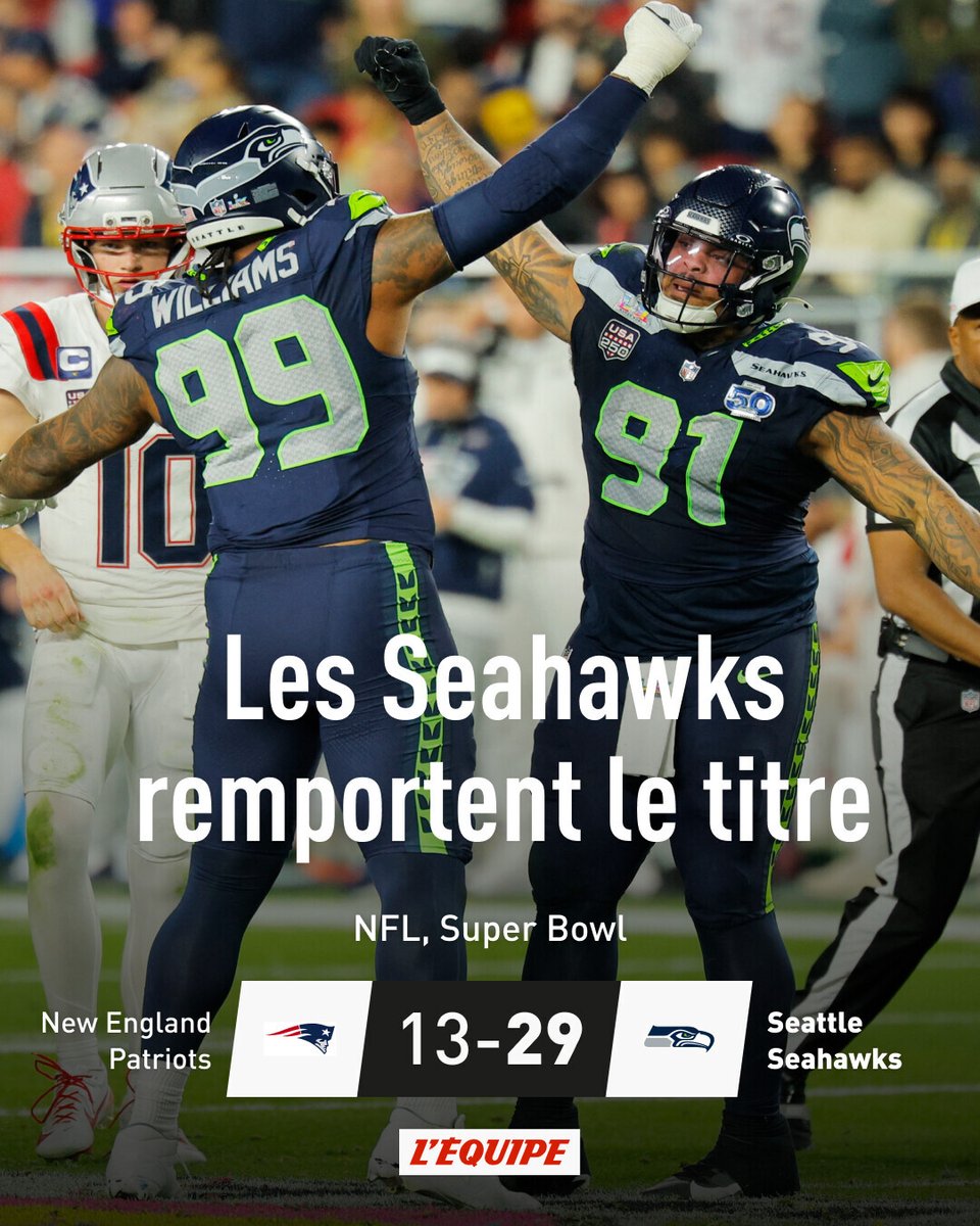 Grâce à une défense de fer, les Seattle Seahawks remportent le Super Bowl LX contre les New England Patriots 
➡️ l.lequipe.fr/8Jw