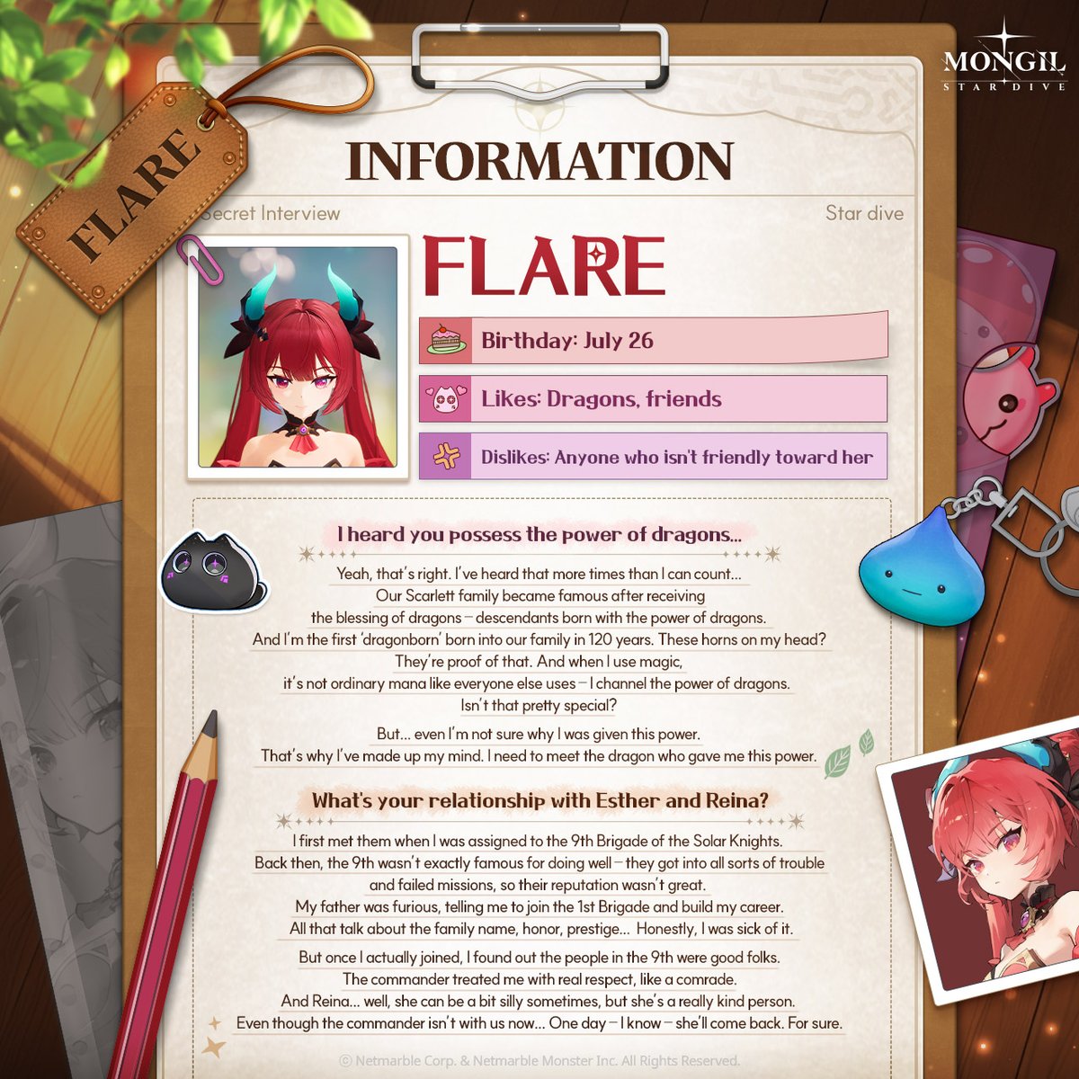 Stardive_EN's tweet photo. #Lenna’s Interview File📝 – Flare

Lenna from the Gathering Hub「Python」digs deep into the character profiles! ✍️
From distinct traits to hidden stories not revealed in the main plot!
All the things you were curious about, unveiled in full! 🔓

#CharacterIntroduction #Profile #Interview #MONGILSTARDIVE #STARDIVE #Netmarble #RPG #Game
