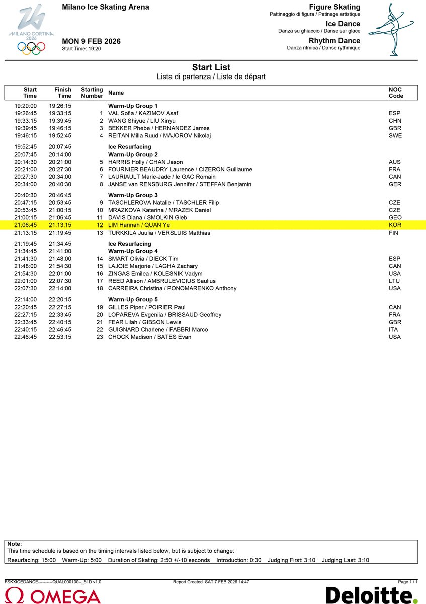 📌2026 밀라노·코르티나 동계올림픽 리듬댄스 스타팅 오더

🇰🇷 임해나 / 권예 (3그룹 4번째)
🗓️ 2/10 AM 5:06 - 5:13 (KST)
      (웜업 AM 4:40 - 4:46)  

#임해나 #권예 #해예네  
#HannahLIM #YeQUAN #LimQuan