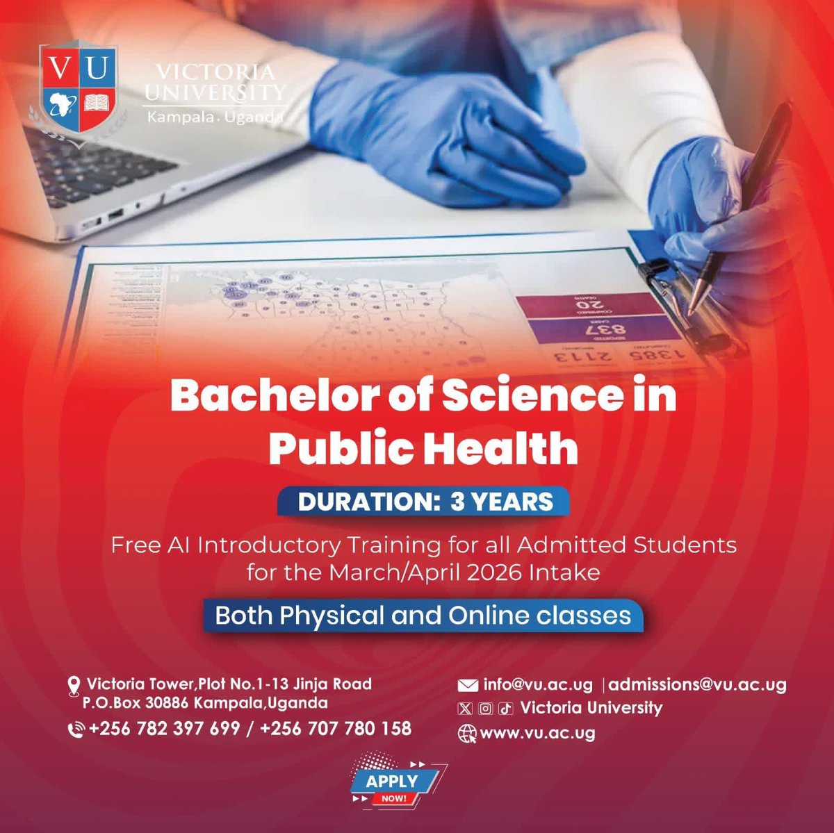 Kachainamedia's tweet image. Admissions Open – Bachelor of Science in Public Health (3 Years)
Join @VUKampala this March/April 2026 Intake and build a career in healthcare and community development.
✔️ Both Physical &amp;amp; Online classes
✔️ 
📞 Call/WhatsApp: 0708391932
 Apply online: vu.ac.ug