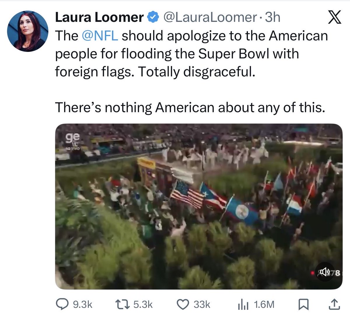 romodaddy1's tweet photo. @AlertaNews24 Chequeen lo que dijo esta “La @NFL debería disculparse con el pueblo estadounidense por inundar el Super Bowl con banderas extranjeras. Totalmente vergonzoso.” https://t.co/H5CY3PtuDR