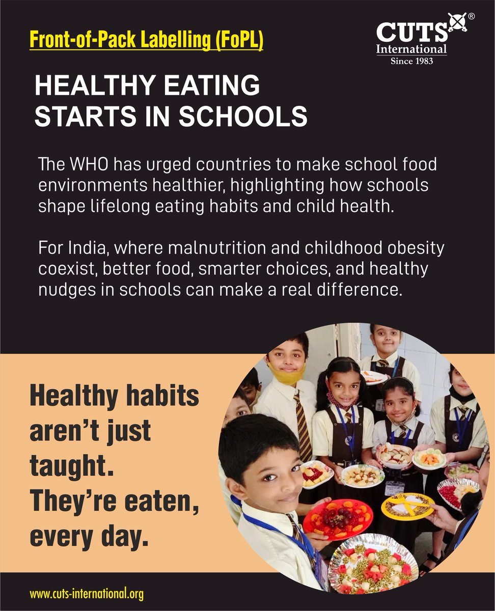 CUTS_CART's tweet photo. The WHO calls for healthier school food environments to shape lifelong habits. In India, better school food can tackle both malnutrition and childhood obesity.

#HealthySchools #ChildNutrition #CUTSInternational @fssaiindia @MoHFW_INDIA @kalita_mp @WHO @amratindolia @Simi_TB https://t.co/qr5yNMXuuM