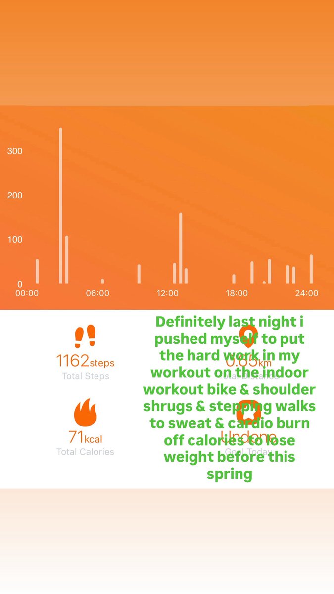 Definitely this past Saturday night i pushed myself to put the hard work in my workout on the indoor workout bike &amp; shoulder shrugs &amp; stepping walks to sweat &amp; cardio burn off calories to lose weight before this spring.