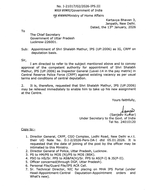 K_Singh73's tweet image. 2006-batch UP cadre IPS officer Shalbh Mathur has been relieved by the UP government for central deputation and appointed IG in CRPF with approval from the Ministry of Home Affairs.
#UttarPradesh #deputation #IG #SuperBowl 
#bombthreat Exam Warriors #เลือกตั้ง69 #NilaveOnFeb13