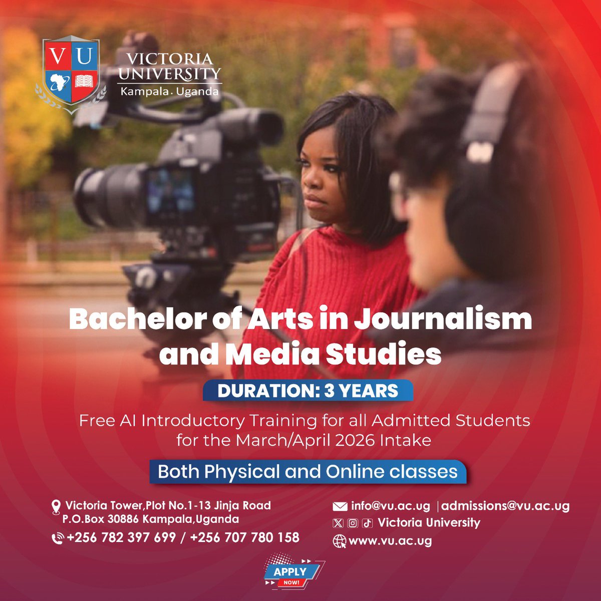 Turn your passion into a powerful career. Gain hands-on skills in reporting, broadcasting, digital media production, and strategic communication in today’s fast-evolving media
Study through both physical and online classes for flexibility and convenience. <a href="/VUKampala/">Victoria University, Kampala</a>