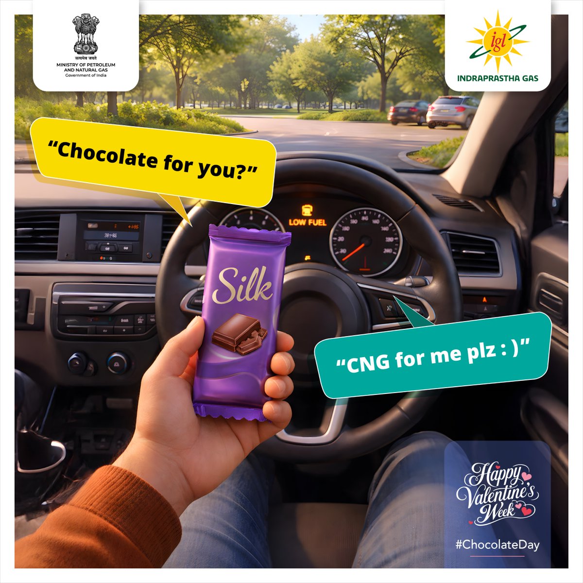 IGLConnect's tweet photo. Sweet gestures are nice.
A full CNG tank is better.
#IGL #ChocolateDay #LowFuelNoDrama #CNGPowered #CleanRide https://t.co/Hf6qsgYkcy
