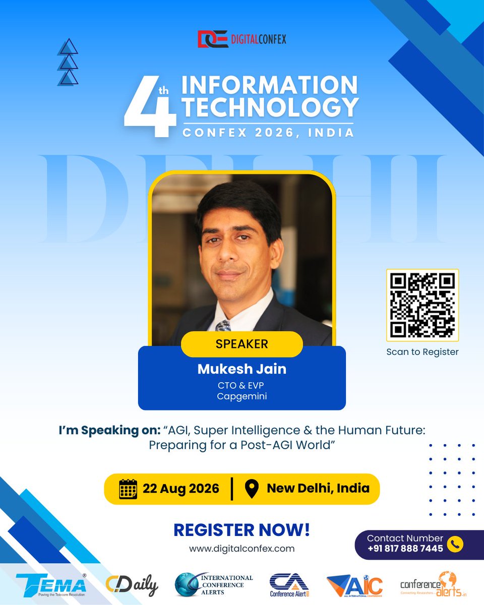 digitalconfex's tweet photo. Weβre pleased to welcome Mukesh Jain, CTO & EVP at Capgemini, as a Distinguished #Speaker at the 4th #IT #Conference 2026 ποΈ
π― AGI, Super Intelligence & the Human Future: Preparing for a Post-AGI World
π https://t.co/5e7iZKnNxa
#ITConfex #ITConference #DIGITALCONFEX https://t.co/uE6H0uCigL