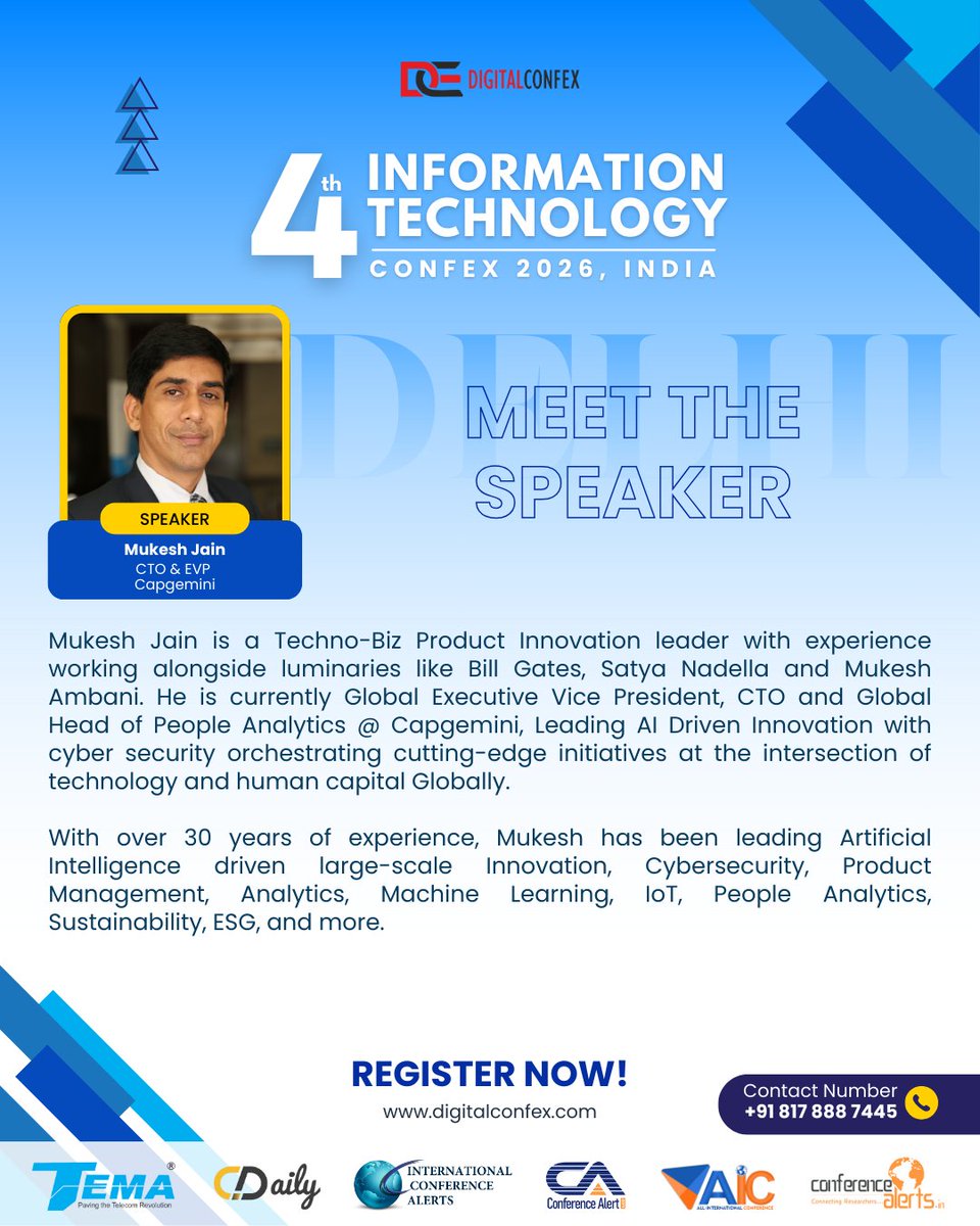 digitalconfex's tweet photo. Weβre pleased to welcome Mukesh Jain, CTO & EVP at Capgemini, as a Distinguished #Speaker at the 4th #IT #Conference 2026 ποΈ
π― AGI, Super Intelligence & the Human Future: Preparing for a Post-AGI World
π https://t.co/5e7iZKnNxa
#ITConfex #ITConference #DIGITALCONFEX https://t.co/uE6H0uCigL