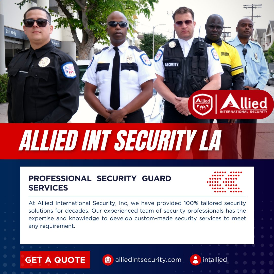 IntAllied's tweet photo. 🛡️ Allied International Security LA
With decades of experience, we deliver customized security guard services backed by skilled professionals and proven operational standards.

🤝 Partner with a team you can trust.

#AlliedInternationalSecurity 🛡️ #SecurityServices 🏢 https://t.co/3oXa5Tuc7I