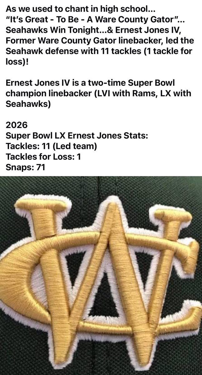 gal_dawg's tweet image. Thrilled the Seahawks won! 
Thrilled for Ernest Jones!  
#WareCiuntyHigh
#Waycross
#Gator 
#TwoRings